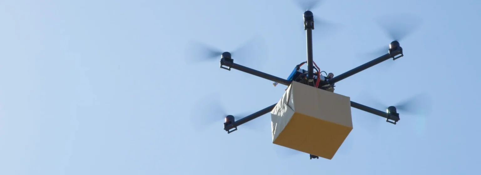 A drone delivering an e-commerce item.