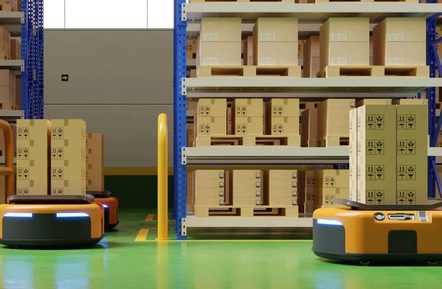 Automated Guided Vehicles in a warehouse operation.