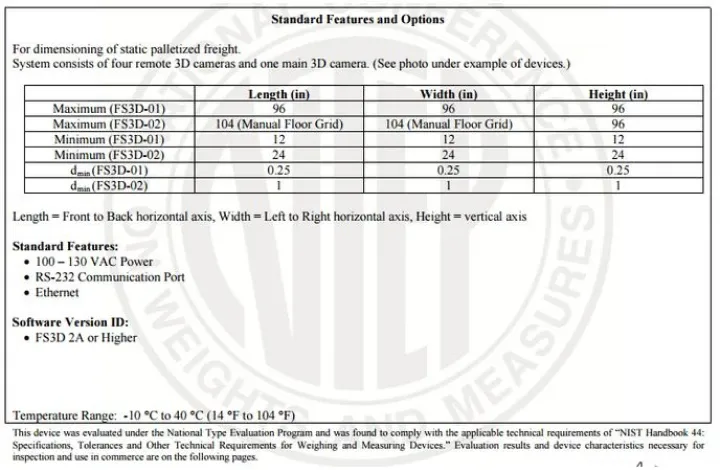 Pallet Dimensioner - Dimensioning Range