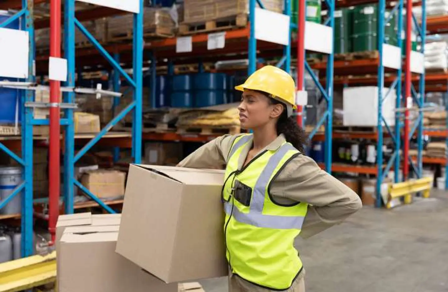 A warehouse clerk struggling to carry a box.