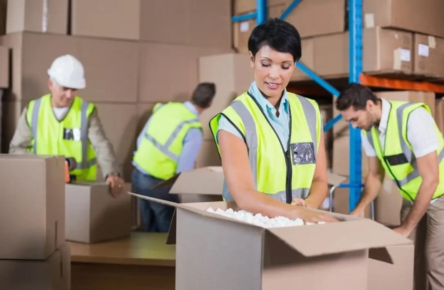 A warehouse packing station organized and optimized by item characteristics.